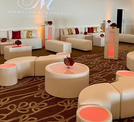 SET 4 LED Cocktail Tables & 1 Tufted Round BANQUETTE / BOURNE